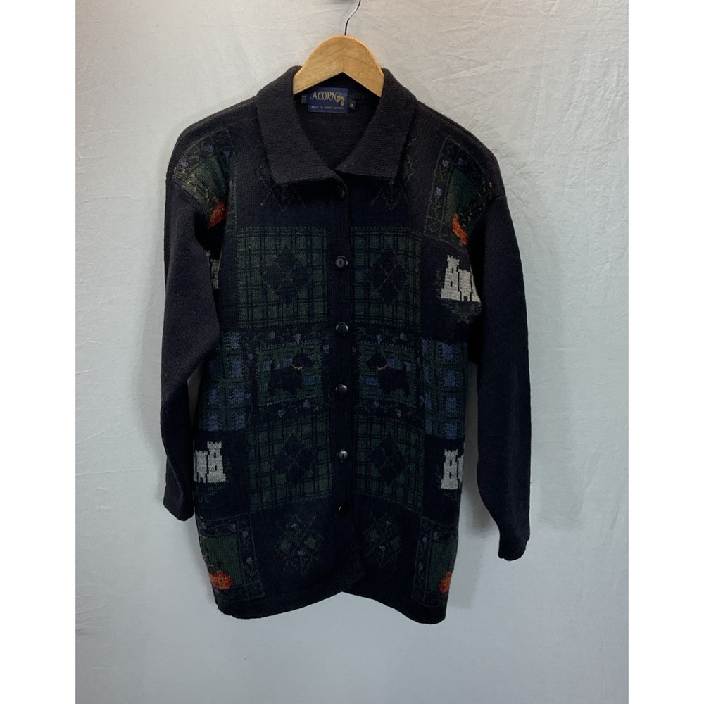 VTG Acorn Scotties Castle‎ Women M 100% Wool Cardigan Button Front Great Britain